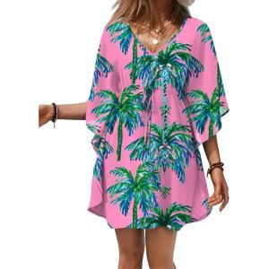 Ekouaer Womens Swimsuit Coverup 2026 Sheer Chiffon Floral Print Sexy Bathing Suit Cover Up Swimwear Beachwear(Pink Coconut Tree)