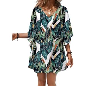 Ekouaer Womens Swimsuit Coverup 2026 Sheer Chiffon Floral Print Sexy Bathing Suit Cover Up Swimwear Beachwear(Tropical Leaf)