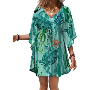 Ekouaer Womens Swimsuit Coverup 2026 Sheer Chiffon Floral Print Sexy Bathing Suit Cover Up Swimwear Beachwear(Turtle)