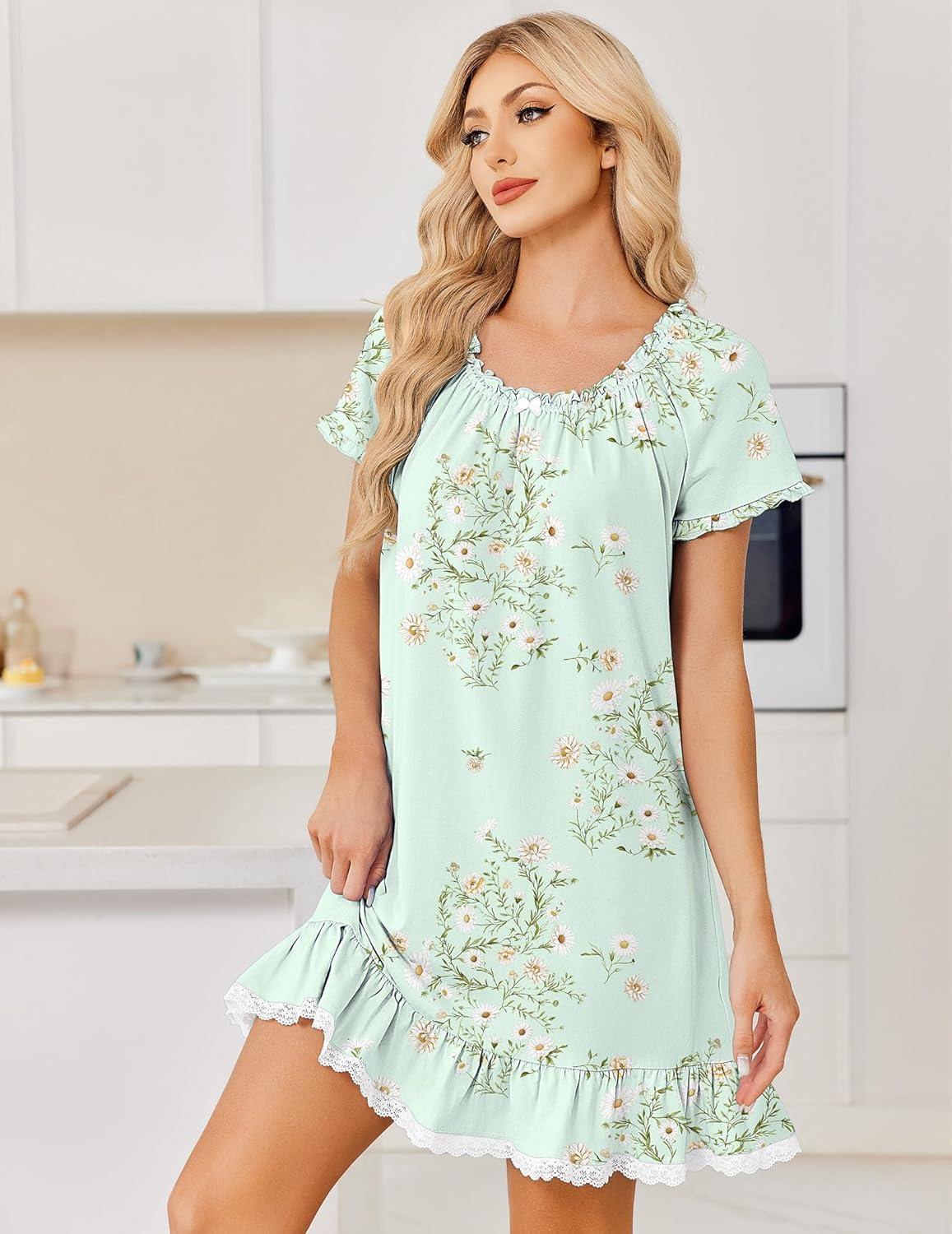 imageEkouaer Cotton Nightgowns for Women Vintage Victorian Night Gowns Short Sleeve Sleep Shirts Lace Sleep Dress Soft SleepwearFloral Green