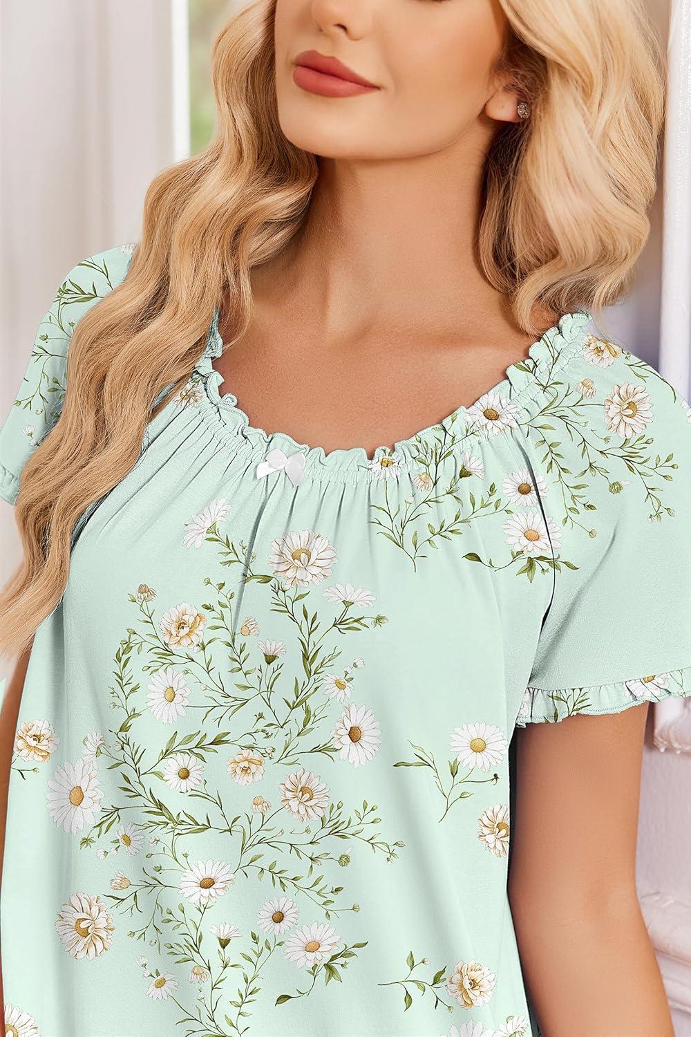 imageEkouaer Cotton Nightgowns for Women Vintage Victorian Night Gowns Short Sleeve Sleep Shirts Lace Sleep Dress Soft SleepwearFloral Green