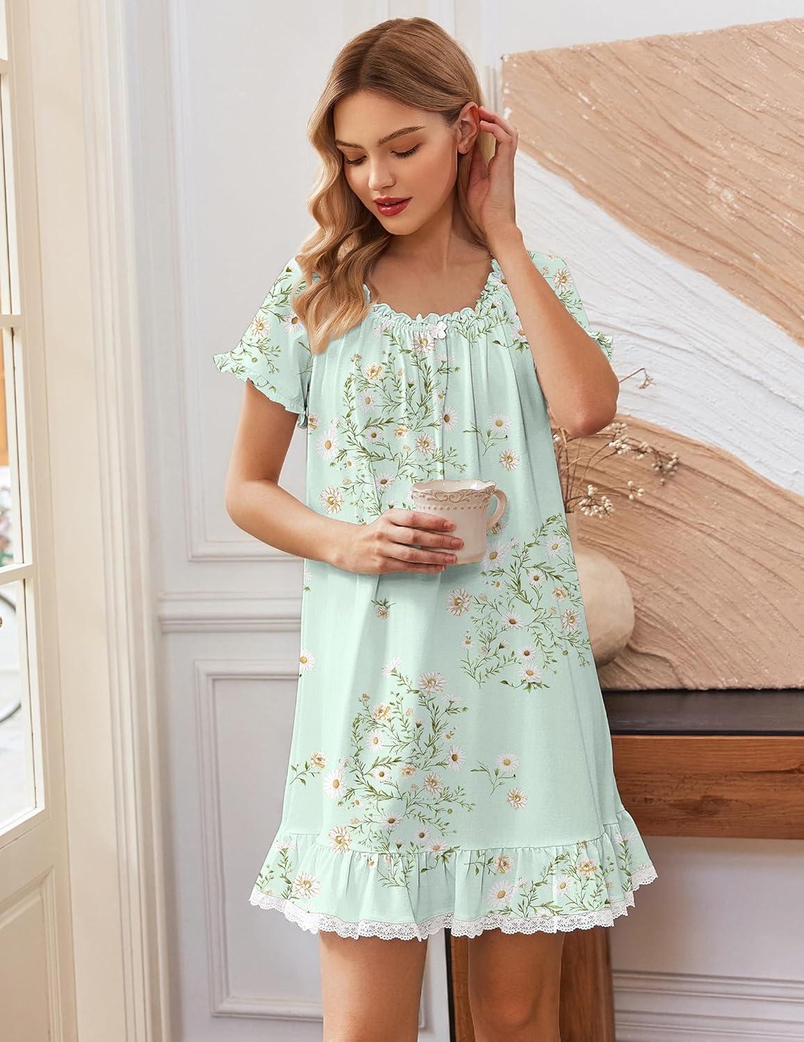 imageEkouaer Cotton Nightgowns for Women Vintage Victorian Night Gowns Short Sleeve Sleep Shirts Lace Sleep Dress Soft SleepwearFloral Green