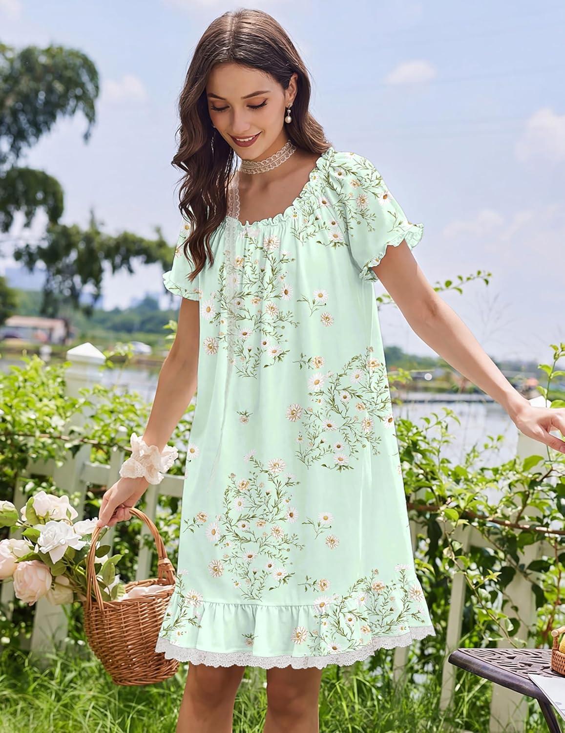 imageEkouaer Cotton Nightgowns for Women Vintage Victorian Night Gowns Short Sleeve Sleep Shirts Lace Sleep Dress Soft SleepwearFloral Green