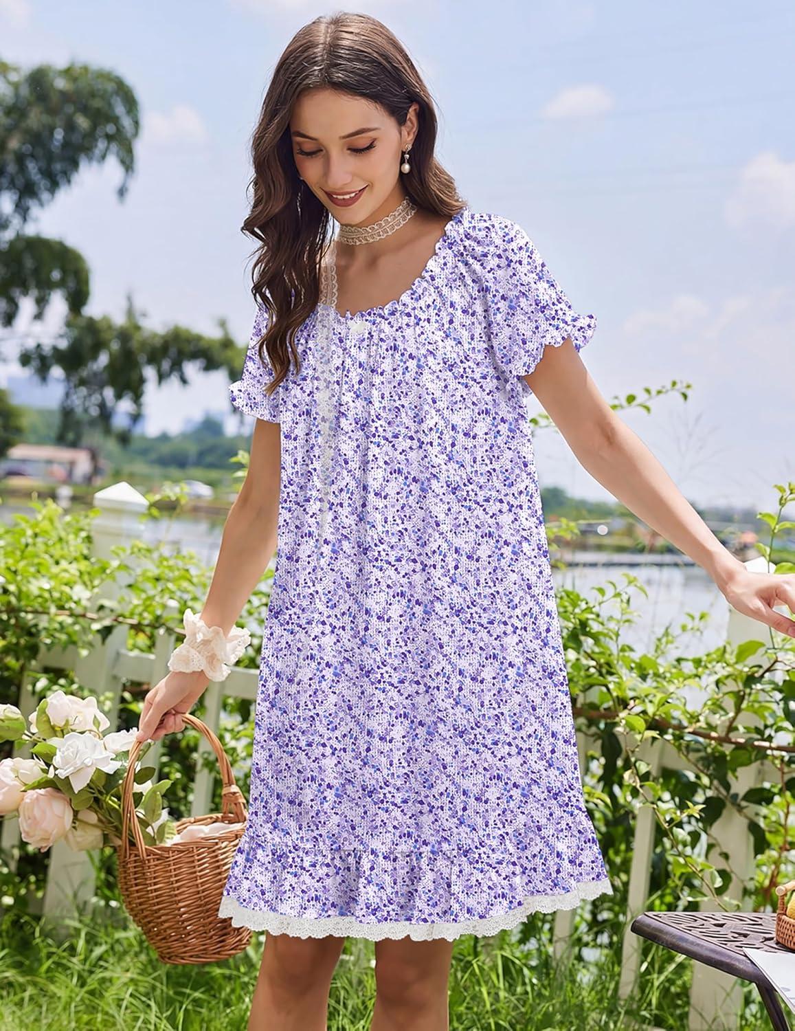 imageEkouaer Cotton Nightgowns for Women Vintage Victorian Night Gowns Short Sleeve Sleep Shirts Lace Sleep Dress Soft SleepwearFloral Purple