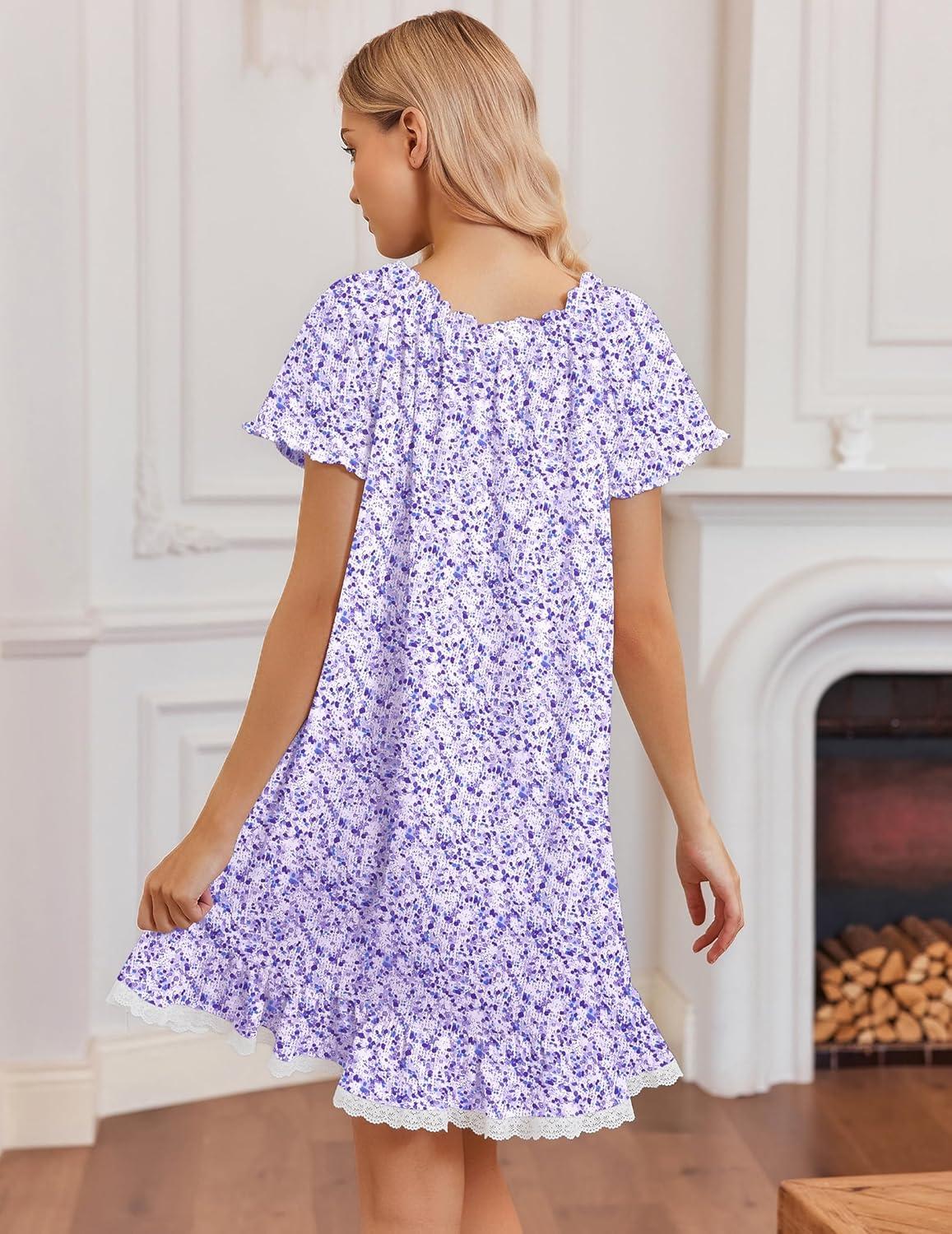 imageEkouaer Cotton Nightgowns for Women Vintage Victorian Night Gowns Short Sleeve Sleep Shirts Lace Sleep Dress Soft SleepwearFloral Purple