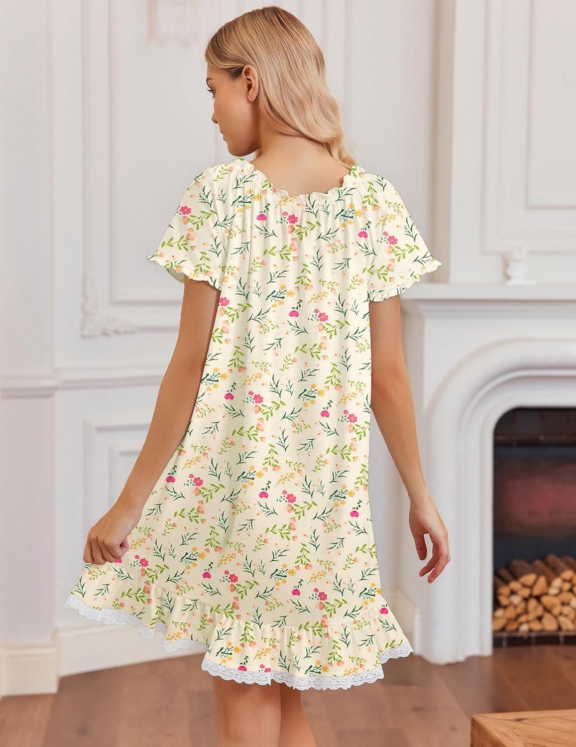imageEkouaer Cotton Nightgowns for Women Vintage Victorian Night Gowns Short Sleeve Sleep Shirts Lace Sleep Dress Soft SleepwearFloral Yellow
