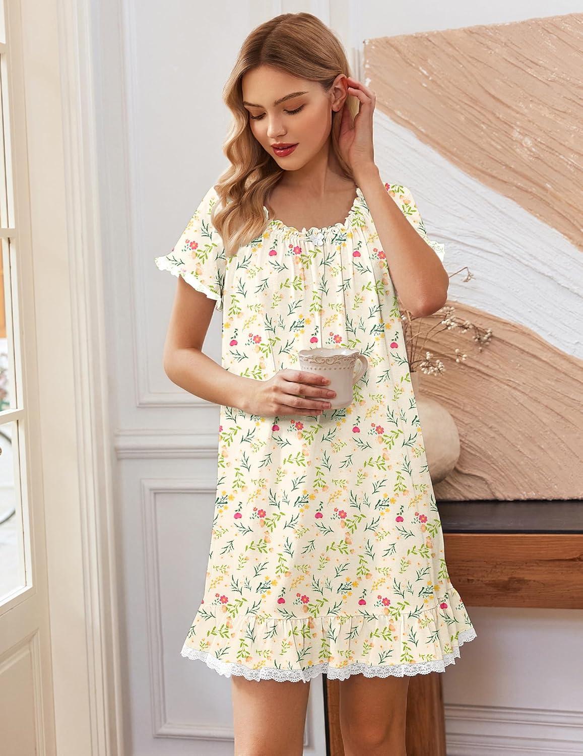 imageEkouaer Cotton Nightgowns for Women Vintage Victorian Night Gowns Short Sleeve Sleep Shirts Lace Sleep Dress Soft SleepwearFloral Yellow