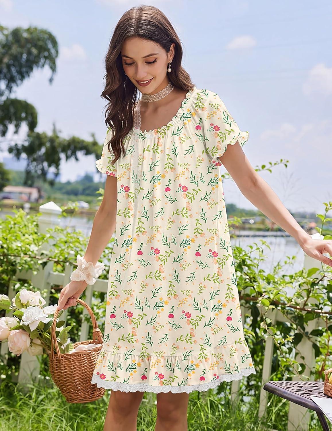 imageEkouaer Cotton Nightgowns for Women Vintage Victorian Night Gowns Short Sleeve Sleep Shirts Lace Sleep Dress Soft SleepwearFloral Yellow