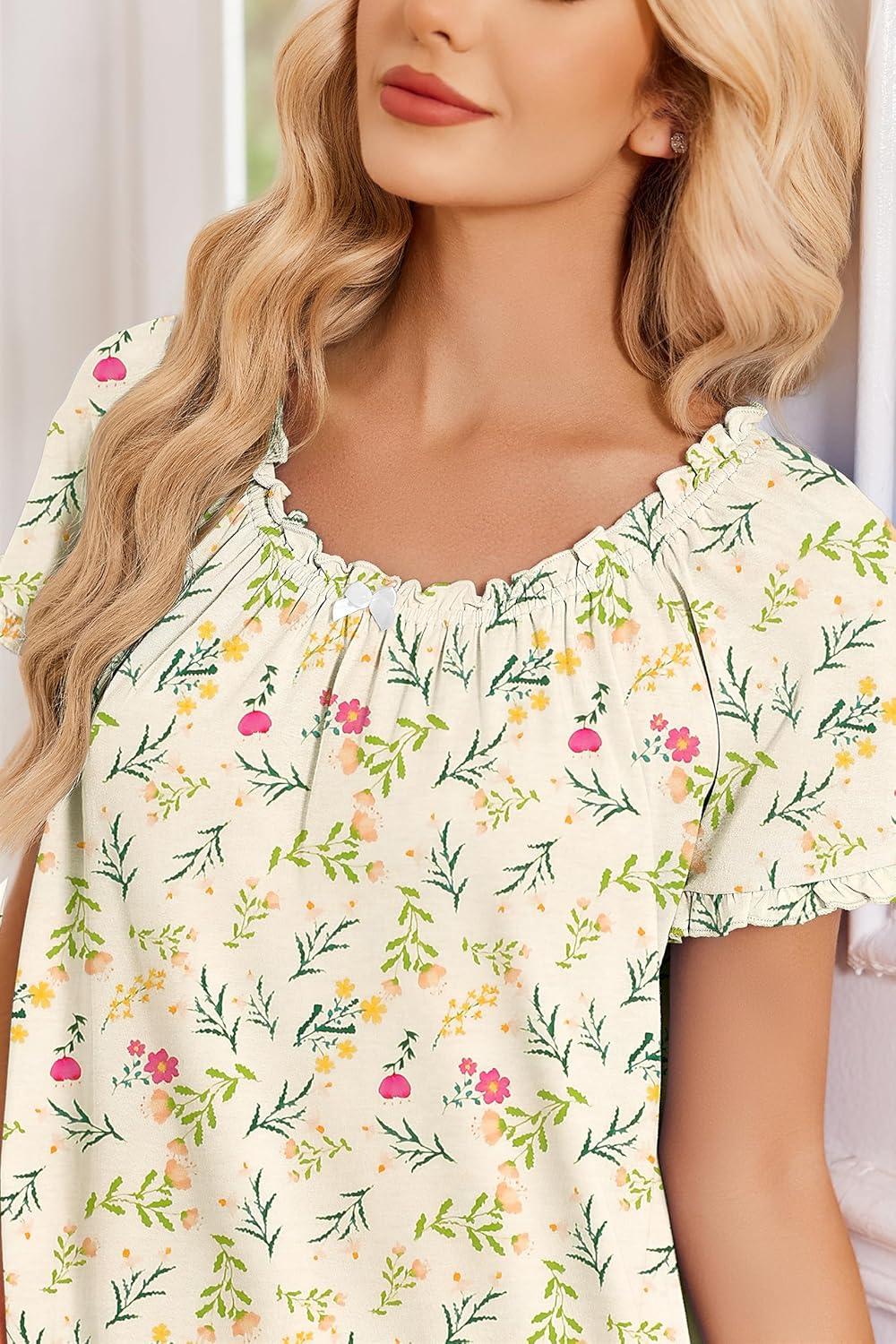 imageEkouaer Cotton Nightgowns for Women Vintage Victorian Night Gowns Short Sleeve Sleep Shirts Lace Sleep Dress Soft SleepwearFloral Yellow