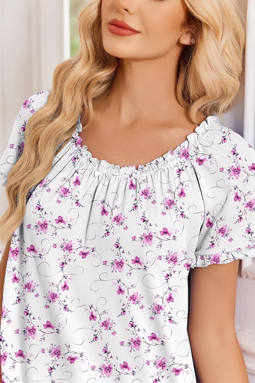 imageEkouaer Cotton Nightgowns for Women Vintage Victorian Night Gowns Short Sleeve Sleep Shirts Lace Sleep Dress Soft SleepwearFlowers Pink White