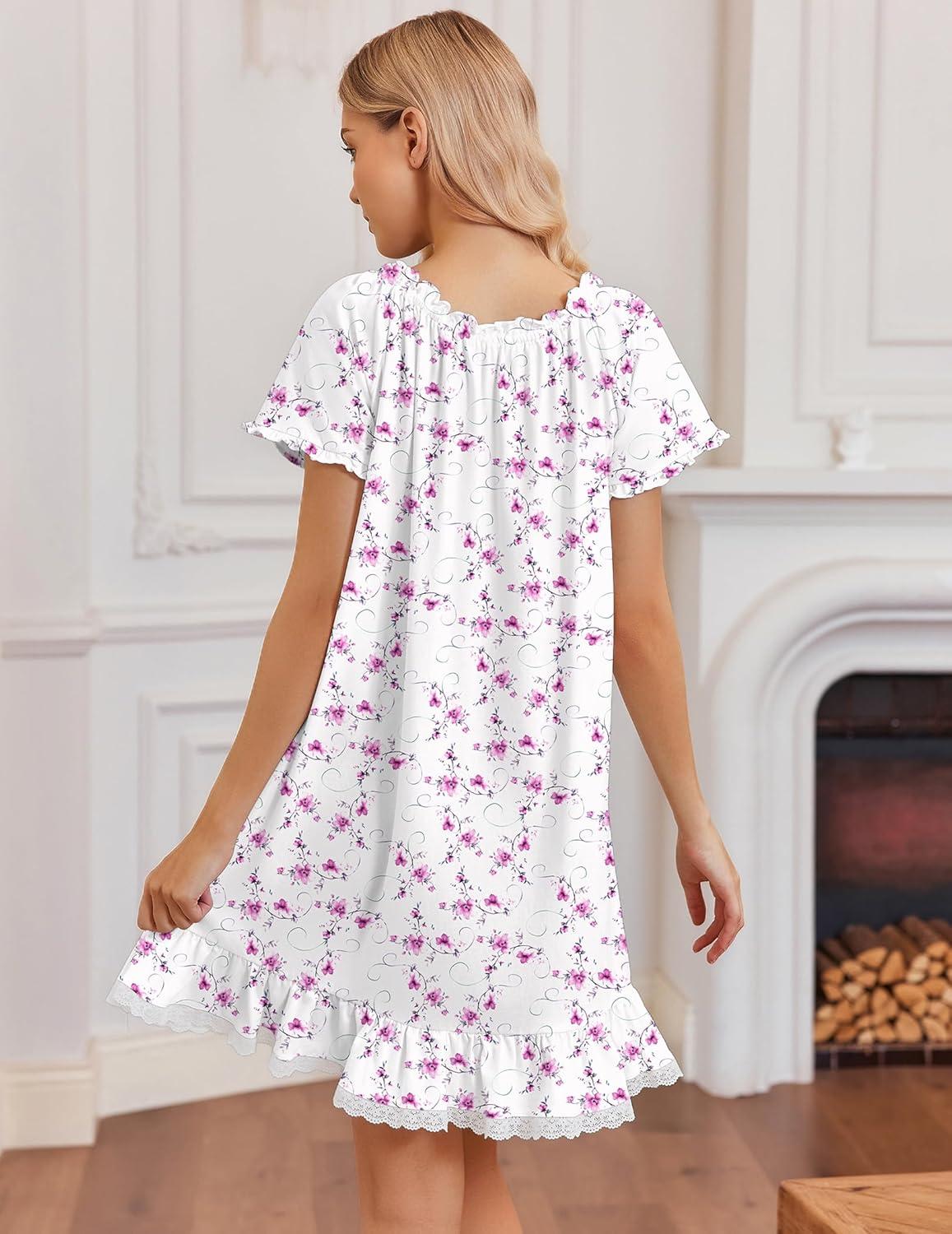 imageEkouaer Cotton Nightgowns for Women Vintage Victorian Night Gowns Short Sleeve Sleep Shirts Lace Sleep Dress Soft SleepwearFlowers Pink White