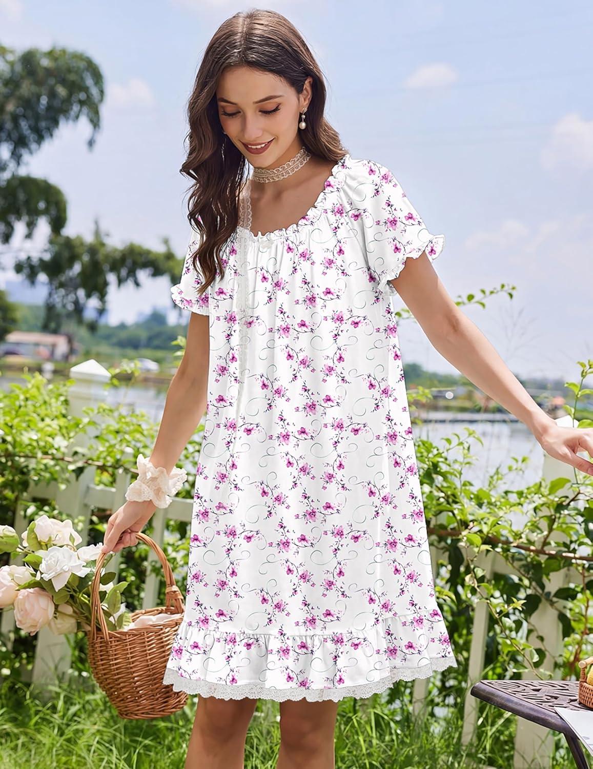 imageEkouaer Cotton Nightgowns for Women Vintage Victorian Night Gowns Short Sleeve Sleep Shirts Lace Sleep Dress Soft SleepwearFlowers Pink White