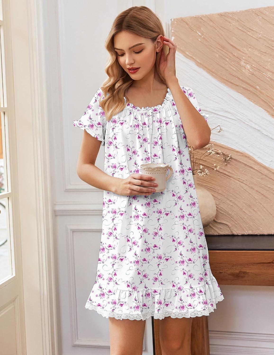 imageEkouaer Cotton Nightgowns for Women Vintage Victorian Night Gowns Short Sleeve Sleep Shirts Lace Sleep Dress Soft SleepwearFlowers Pink White