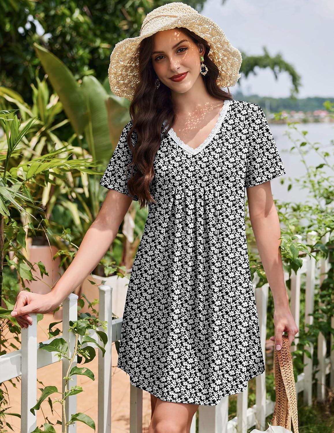 imageEkouaer Nightgowns for Women Cotton Night Gowns Short Sleeve Pleated Sleep Shirts Lace Trim Moo Moos Ladies SleepwearFloral Black