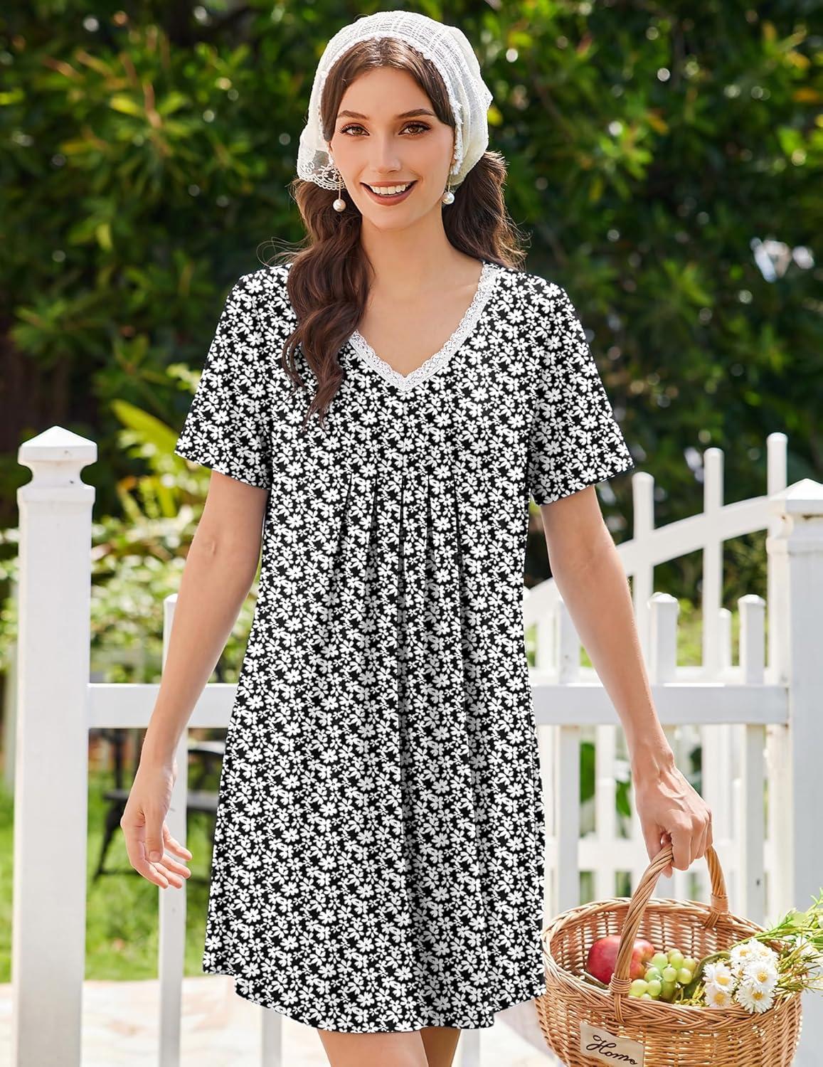 imageEkouaer Nightgowns for Women Cotton Night Gowns Short Sleeve Pleated Sleep Shirts Lace Trim Moo Moos Ladies SleepwearFloral Black