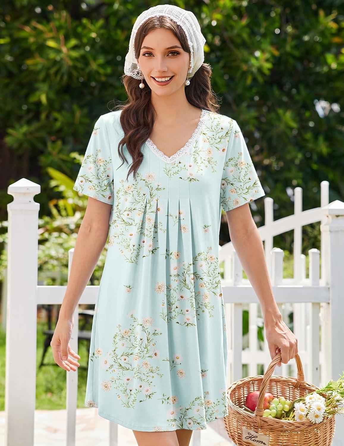 imageEkouaer Nightgowns for Women Cotton Night Gowns Short Sleeve Pleated Sleep Shirts Lace Trim Moo Moos Ladies SleepwearFloral Light Green