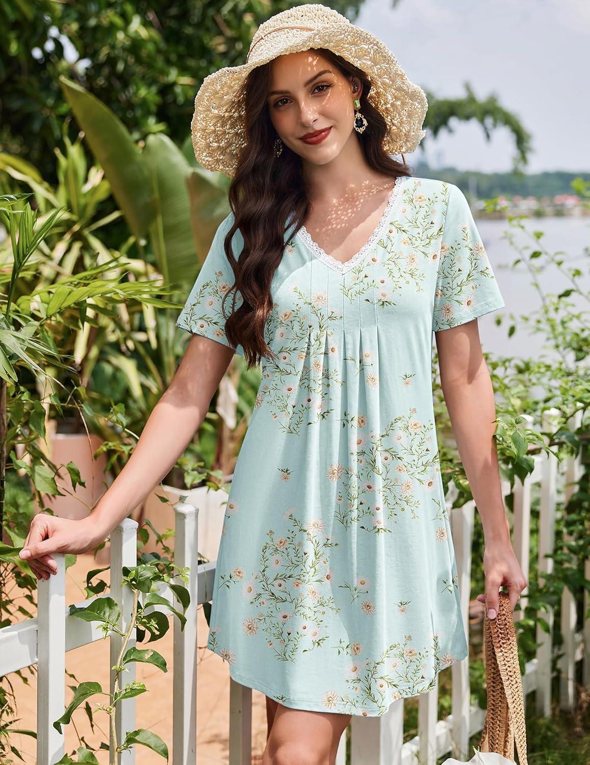 imageEkouaer Nightgowns for Women Cotton Night Gowns Short Sleeve Pleated Sleep Shirts Lace Trim Moo Moos Ladies SleepwearFloral Light Green