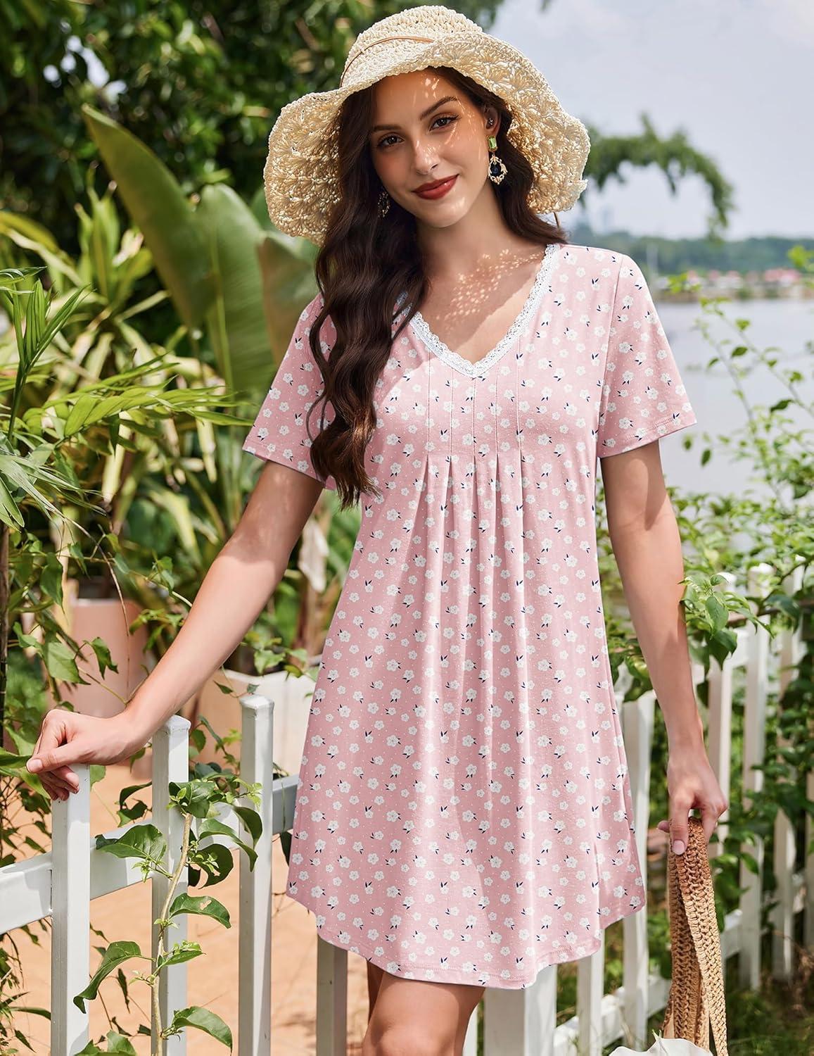 imageEkouaer Nightgowns for Women Cotton Night Gowns Short Sleeve Pleated Sleep Shirts Lace Trim Moo Moos Ladies SleepwearFloral Pink