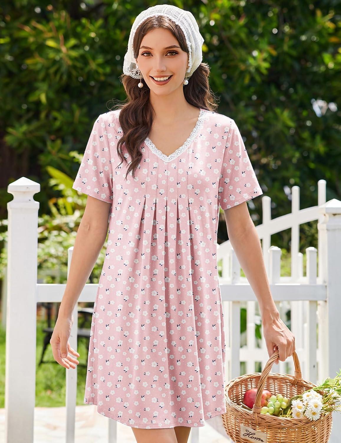 imageEkouaer Nightgowns for Women Cotton Night Gowns Short Sleeve Pleated Sleep Shirts Lace Trim Moo Moos Ladies SleepwearFloral Pink