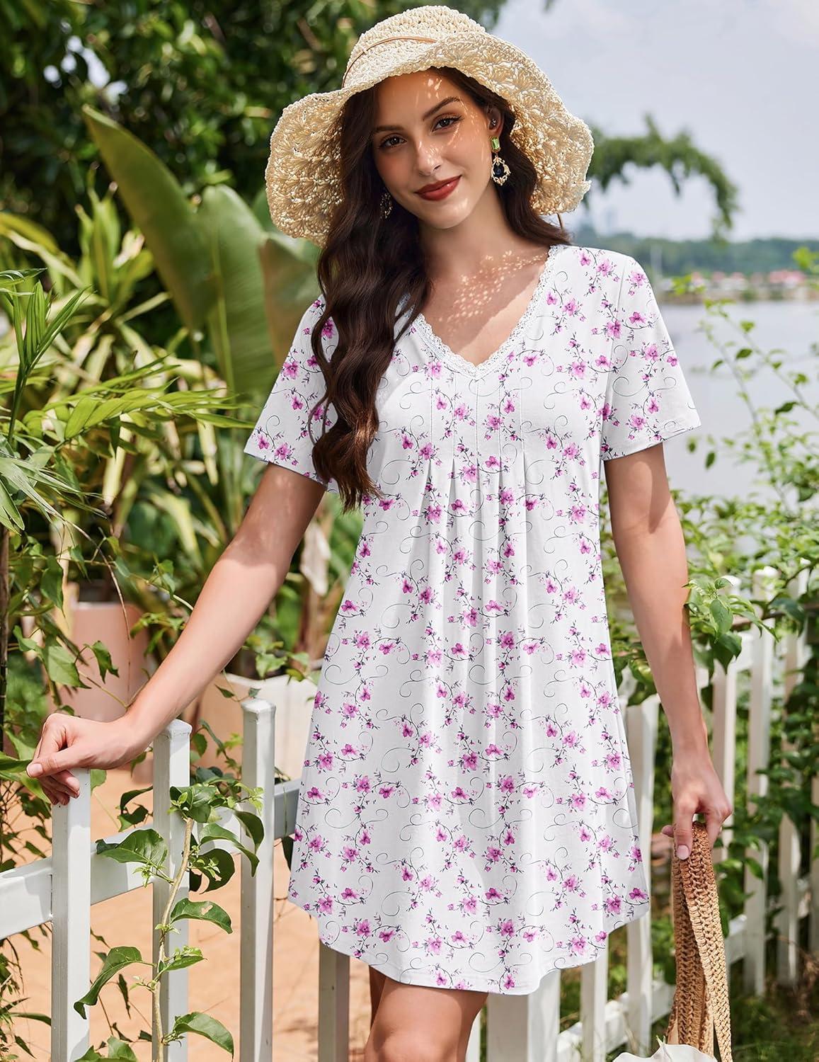 imageEkouaer Nightgowns for Women Cotton Night Gowns Short Sleeve Pleated Sleep Shirts Lace Trim Moo Moos Ladies SleepwearFloral Pink White
