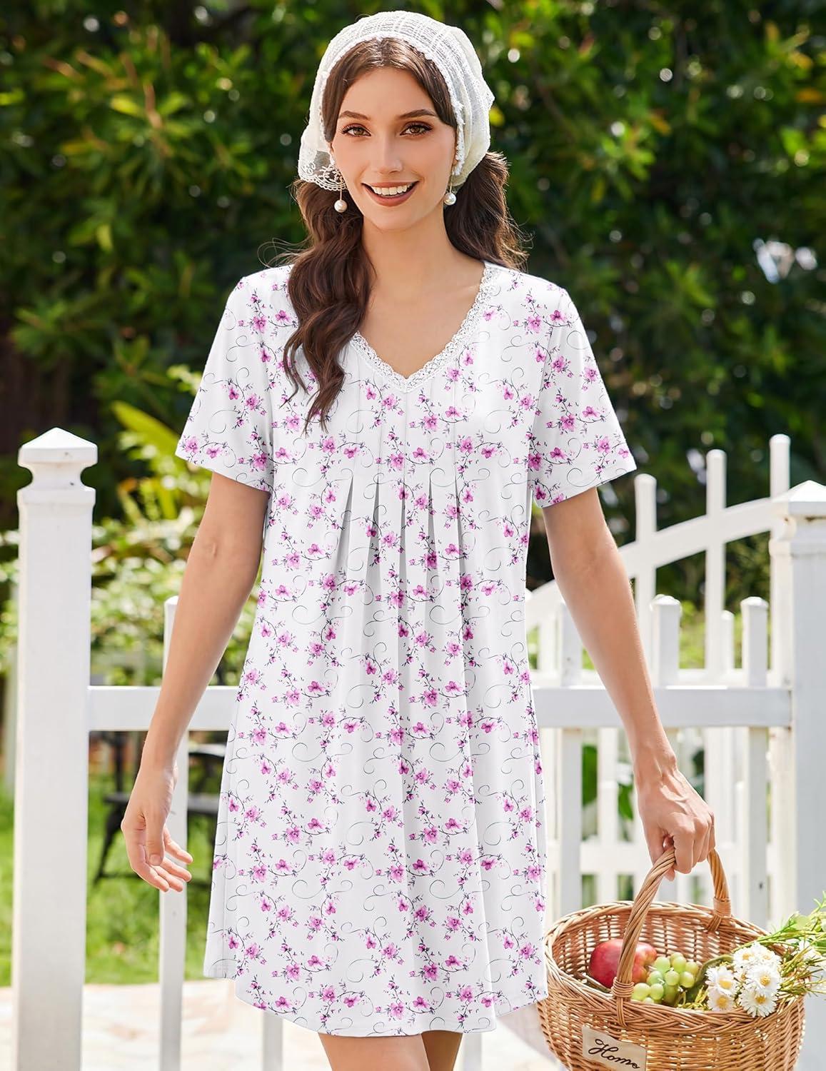 imageEkouaer Nightgowns for Women Cotton Night Gowns Short Sleeve Pleated Sleep Shirts Lace Trim Moo Moos Ladies SleepwearFloral Pink White