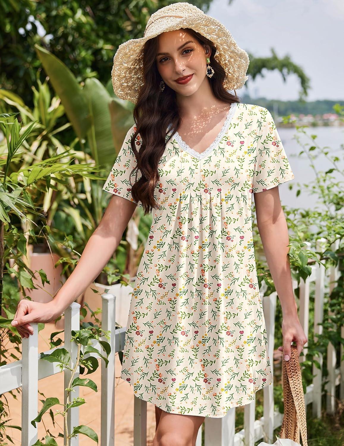imageEkouaer Nightgowns for Women Cotton Night Gowns Short Sleeve Pleated Sleep Shirts Lace Trim Moo Moos Ladies SleepwearFloral Yellow