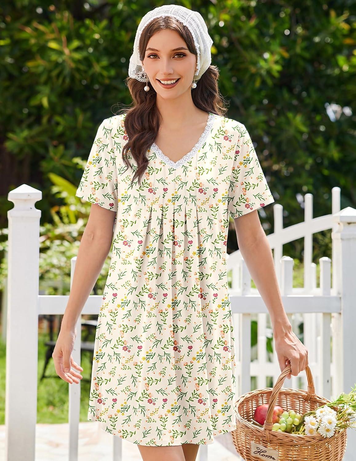 imageEkouaer Nightgowns for Women Cotton Night Gowns Short Sleeve Pleated Sleep Shirts Lace Trim Moo Moos Ladies SleepwearFloral Yellow