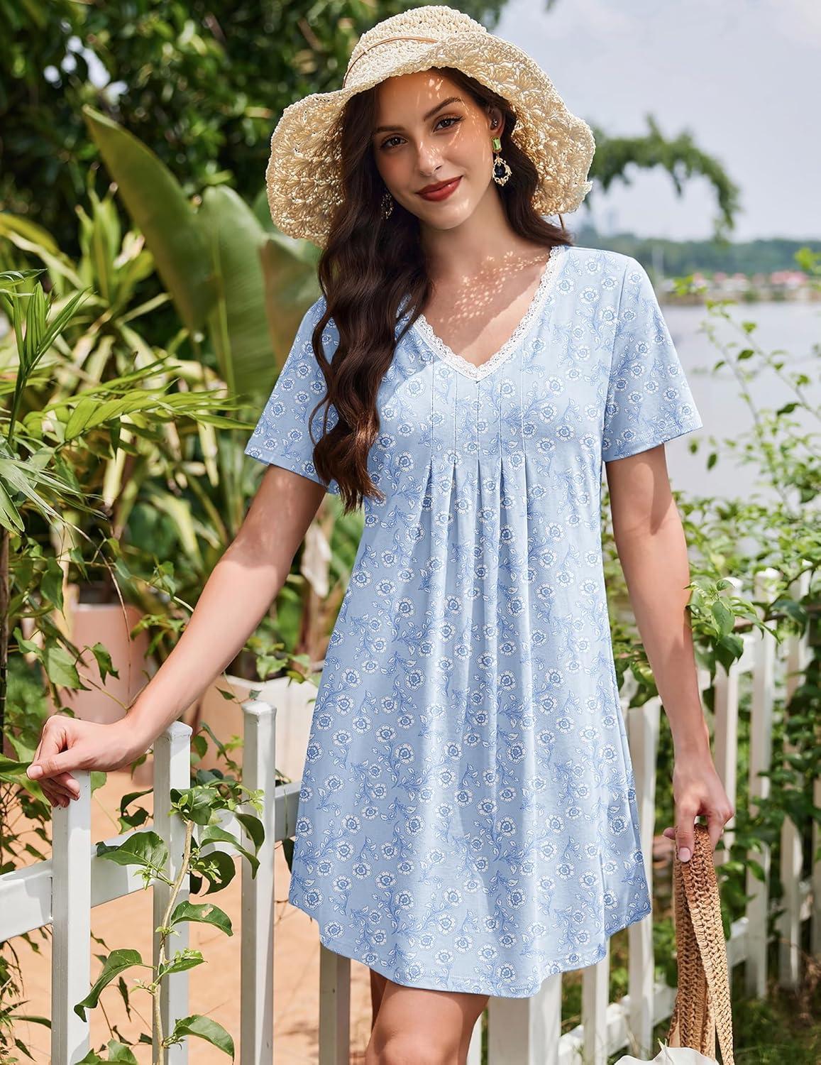 imageEkouaer Nightgowns for Women Cotton Night Gowns Short Sleeve Pleated Sleep Shirts Lace Trim Moo Moos Ladies SleepwearFlowers Blue