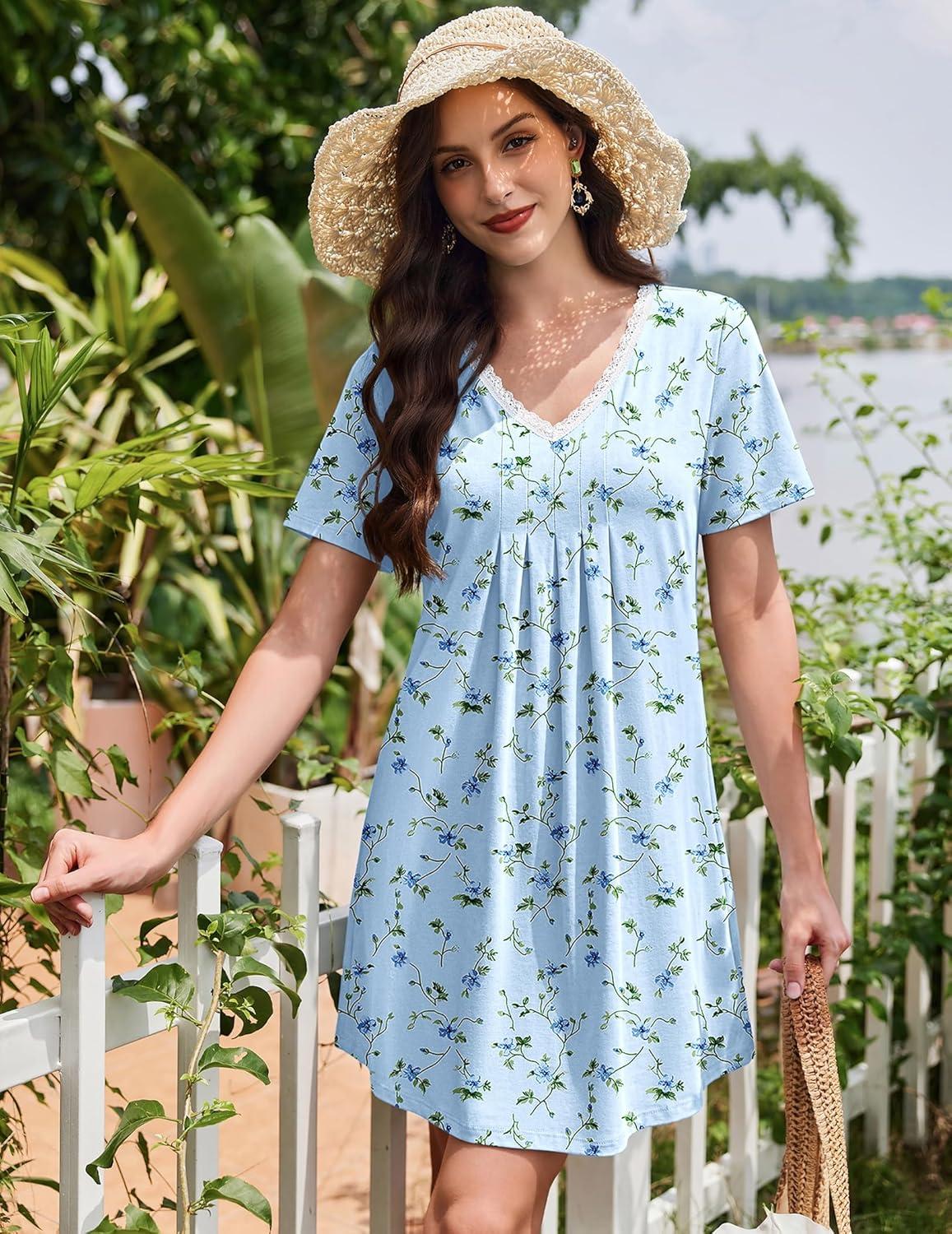 imageEkouaer Nightgowns for Women Cotton Night Gowns Short Sleeve Pleated Sleep Shirts Lace Trim Moo Moos Ladies SleepwearFlowers Light Blue