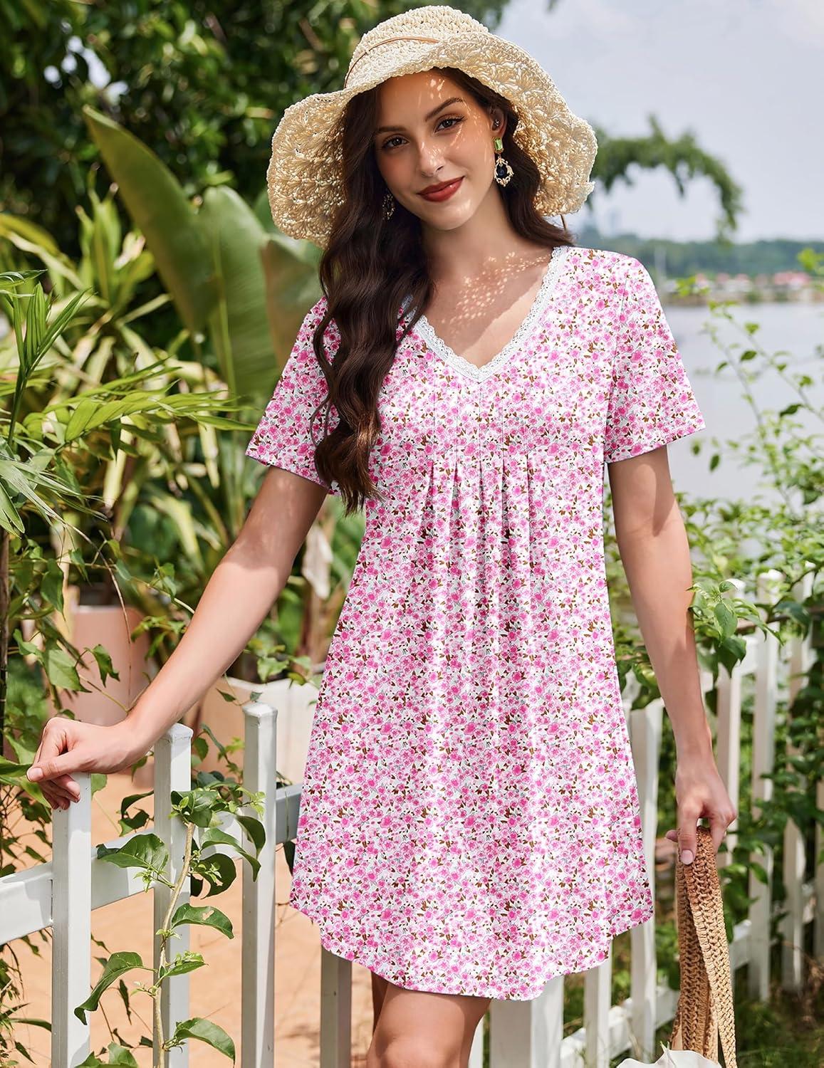 imageEkouaer Nightgowns for Women Cotton Night Gowns Short Sleeve Pleated Sleep Shirts Lace Trim Moo Moos Ladies SleepwearFlowers Pink