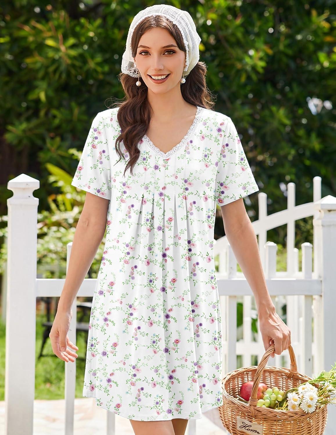 imageEkouaer Nightgowns for Women Cotton Night Gowns Short Sleeve Pleated Sleep Shirts Lace Trim Moo Moos Ladies SleepwearFlowers White