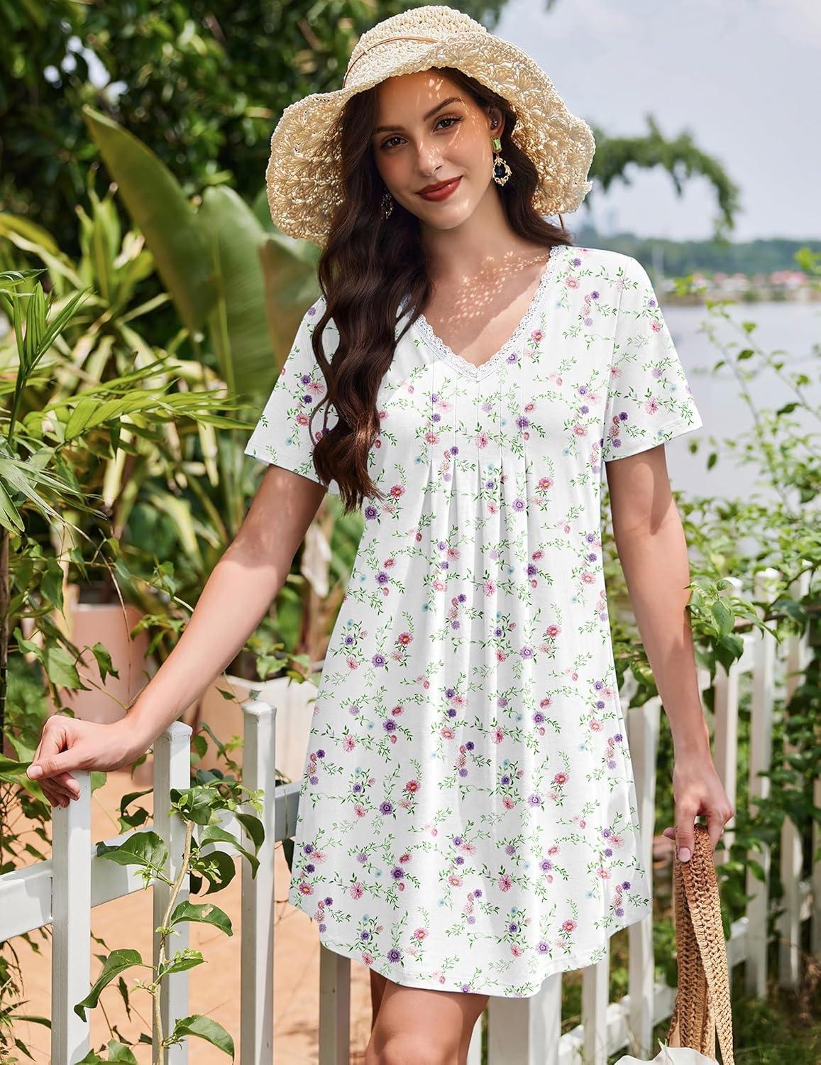 imageEkouaer Nightgowns for Women Cotton Night Gowns Short Sleeve Pleated Sleep Shirts Lace Trim Moo Moos Ladies SleepwearFlowers White