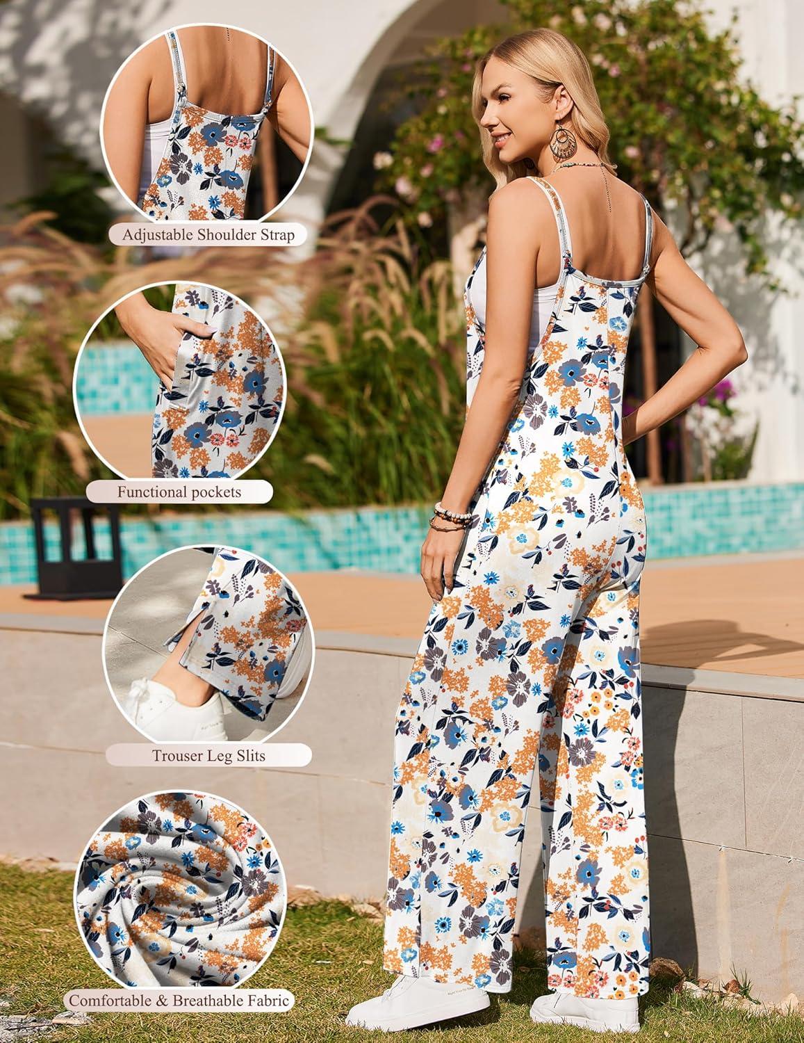 imageEkouaer Womens Causal Sleeveless Jumpsuits Summer Boho Wide Leg Floral Rompers Overalls with PocketsBlue Beige Floral