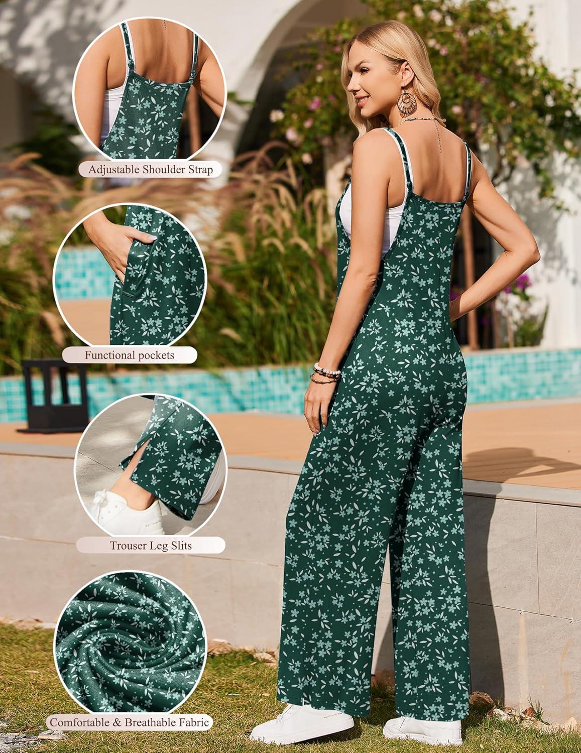 imageEkouaer Womens Causal Sleeveless Jumpsuits Summer Boho Wide Leg Floral Rompers Overalls with PocketsGreen Small Floral