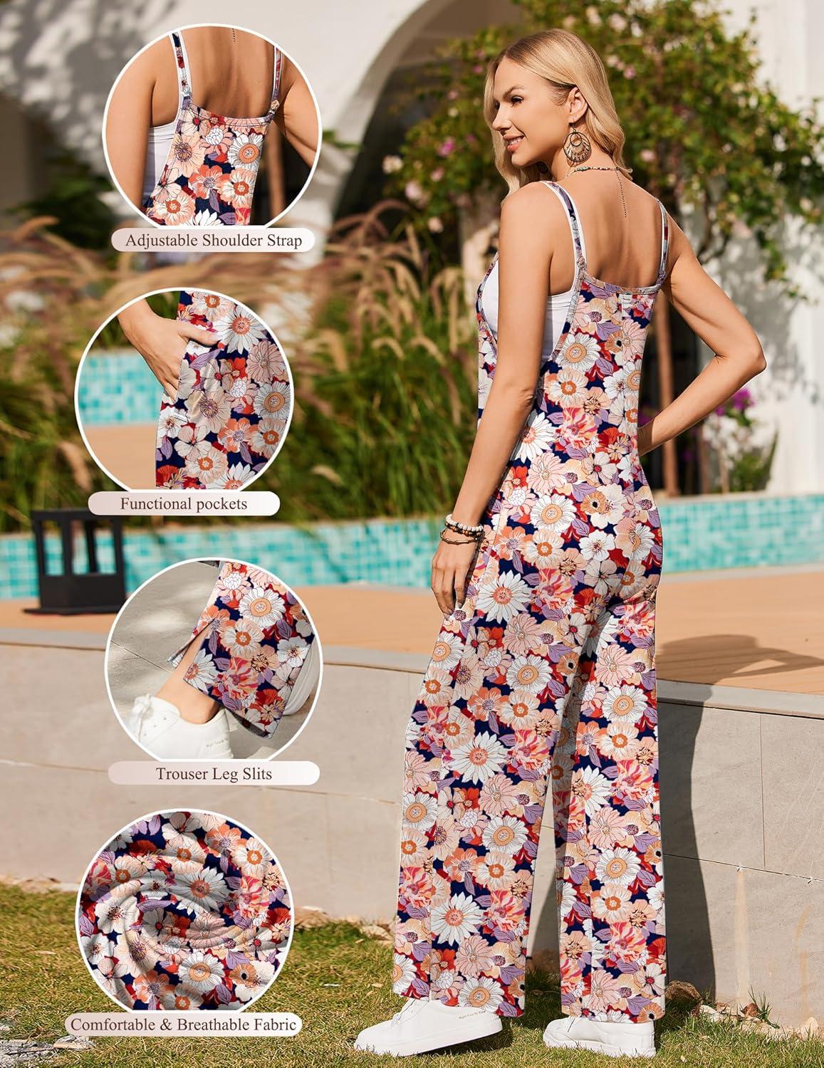imageEkouaer Womens Causal Sleeveless Jumpsuits Summer Boho Wide Leg Floral Rompers Overalls with PocketsOrange White Floral