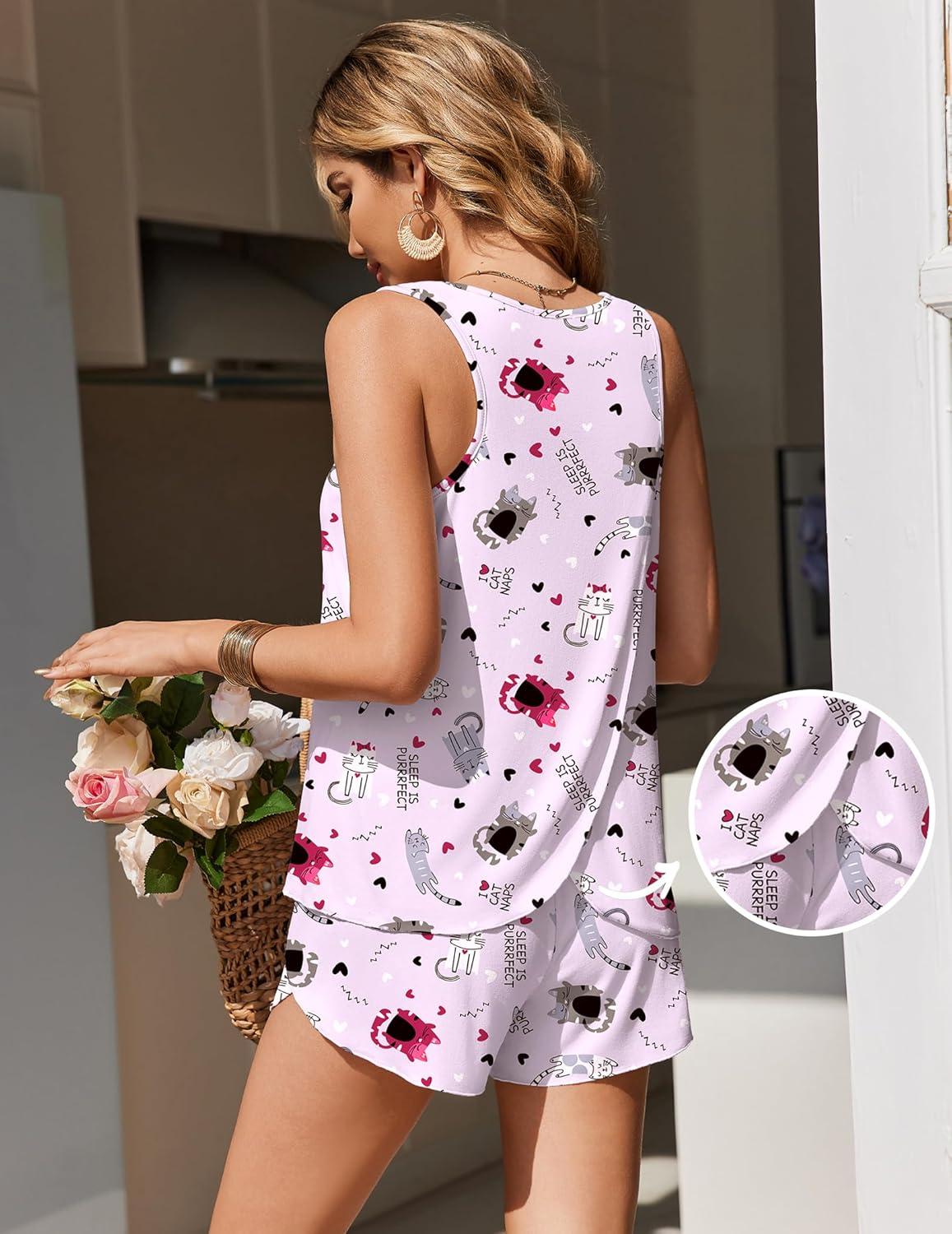 imageEkouaer Womens Pajama Sets Sleeveless Tank Tops and Split Shorts Pjs Set Soft Comfy Summer 2 Piece SleepwearCat