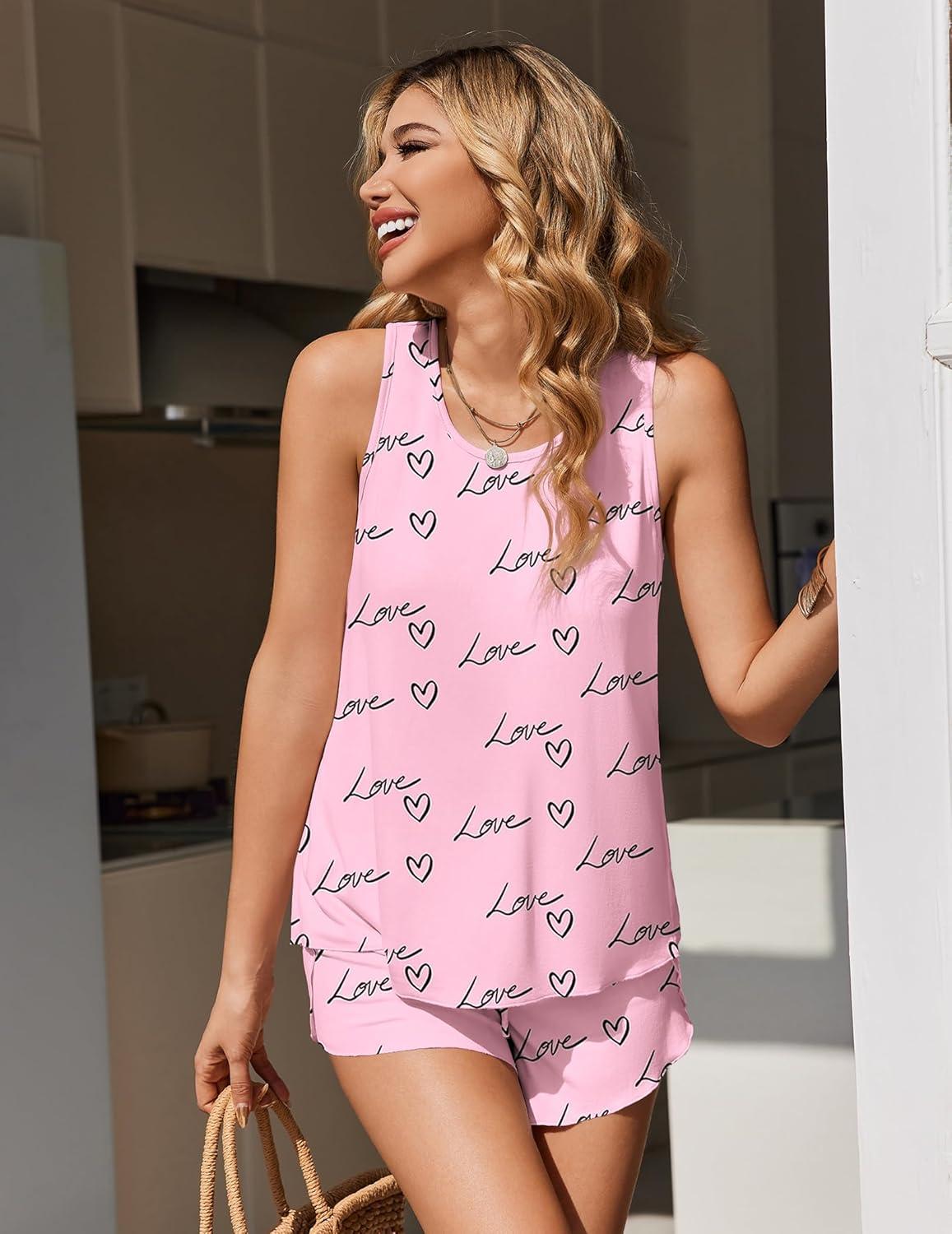 imageEkouaer Womens Pajama Sets Sleeveless Tank Tops and Split Shorts Pjs Set Soft Comfy Summer 2 Piece SleepwearPink Love