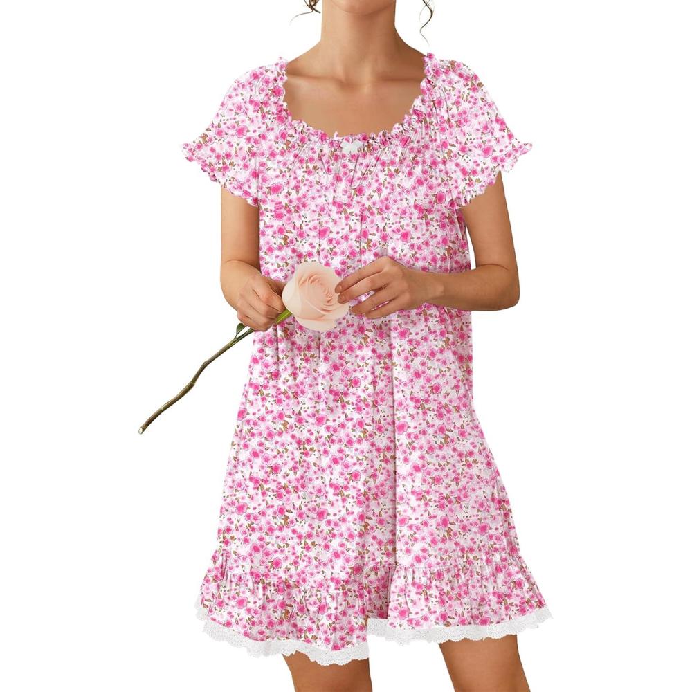 imageEkouaer Cotton Nightgowns for Women Vintage Victorian Night Gowns Short Sleeve Sleep Shirts Lace Sleep Dress Soft SleepwearFloral Pink