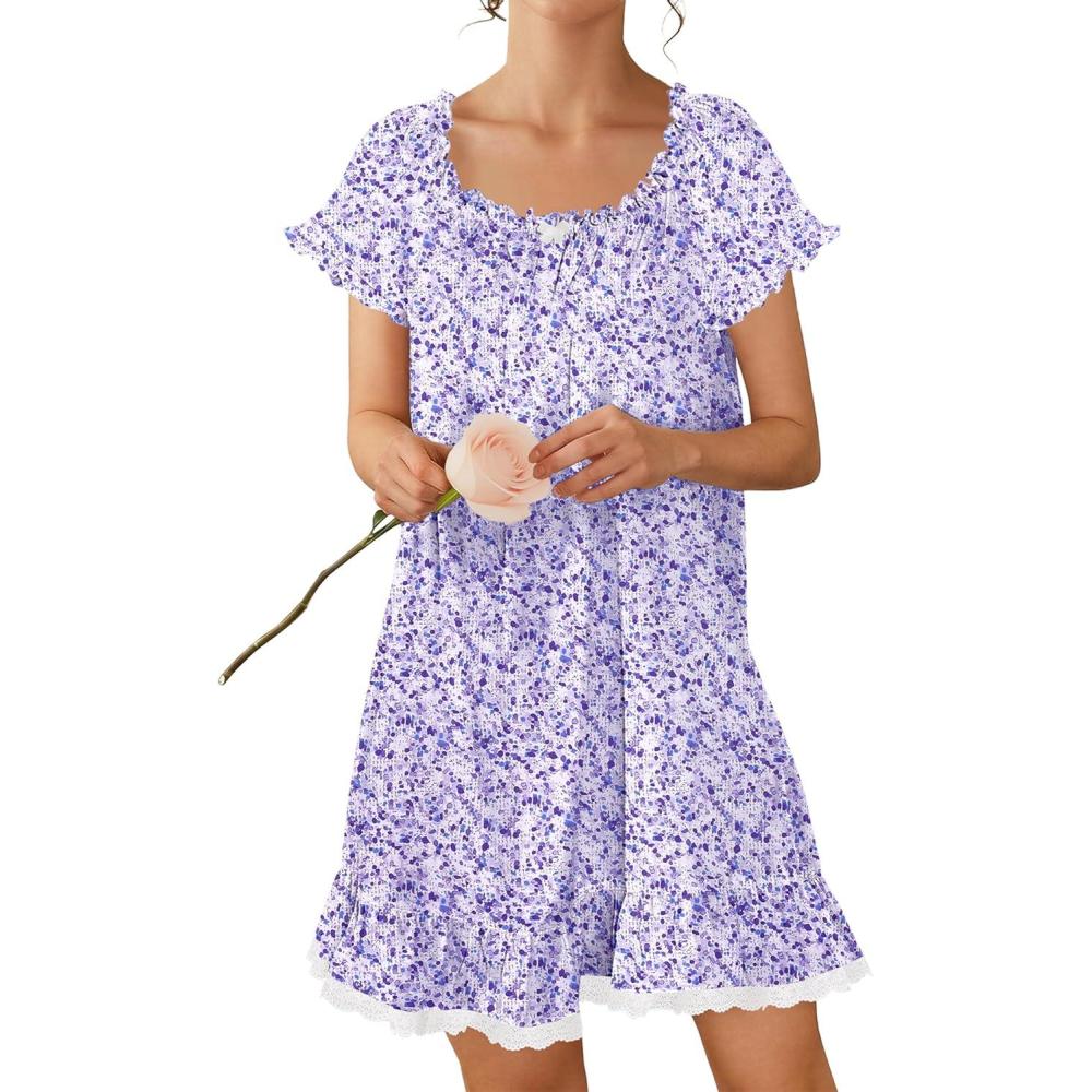 imageEkouaer Cotton Nightgowns for Women Vintage Victorian Night Gowns Short Sleeve Sleep Shirts Lace Sleep Dress Soft SleepwearFloral Purple