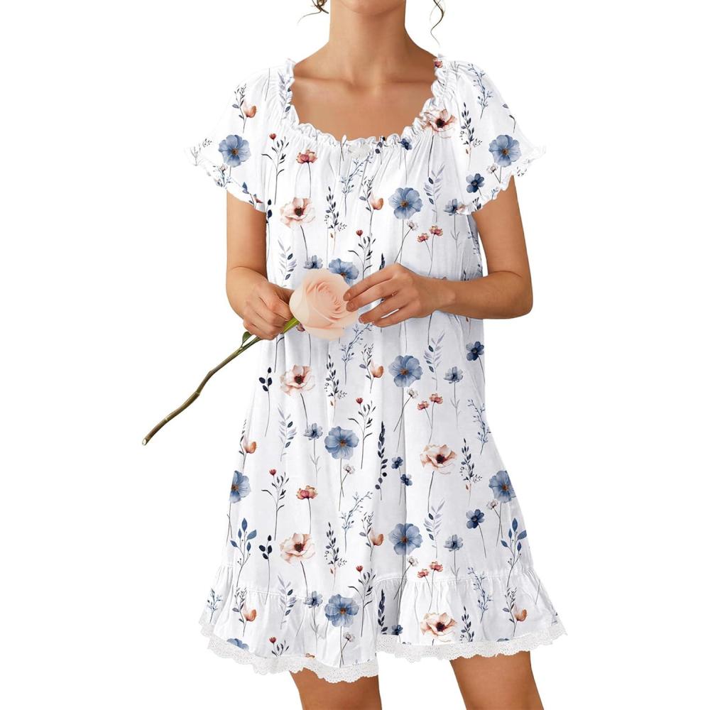imageEkouaer Cotton Nightgowns for Women Vintage Victorian Night Gowns Short Sleeve Sleep Shirts Lace Sleep Dress Soft SleepwearFloral White