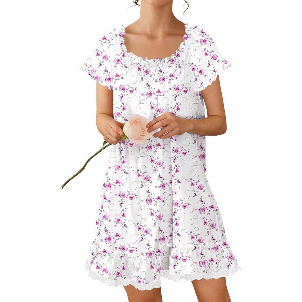 imageEkouaer Cotton Nightgowns for Women Vintage Victorian Night Gowns Short Sleeve Sleep Shirts Lace Sleep Dress Soft SleepwearFlowers Pink White