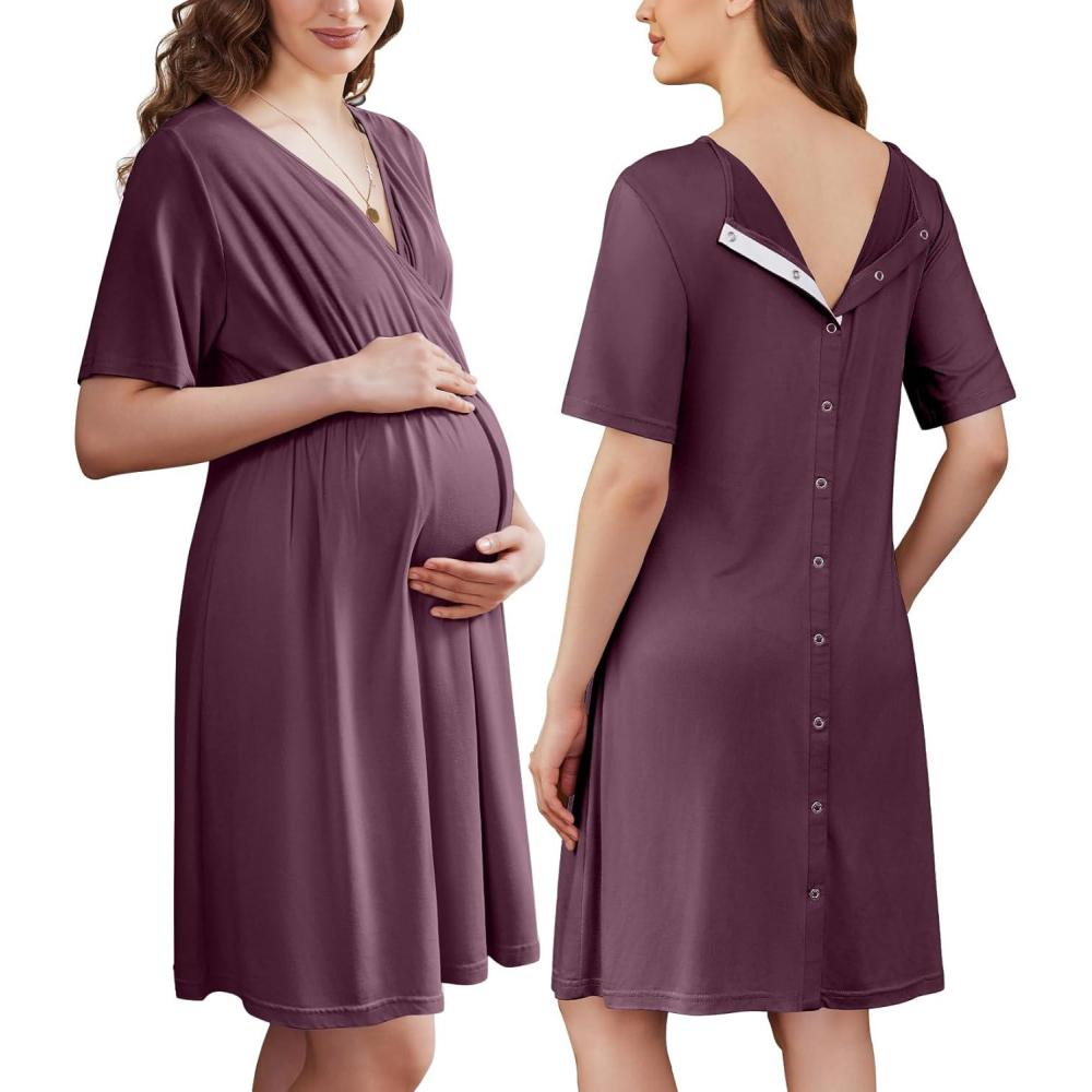 imageEkouaer Labor and Delivery Gown for Hospital Short Sleeve Maternity Nursing Dress Nightgown with Button SXXLPurple Red