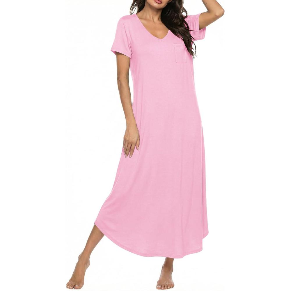 imageEkouaer Long Nightgowns for Women Bamboo Viscose Sleepshirt Short Sleeve Night Gown V Neck House DressMisty Rose