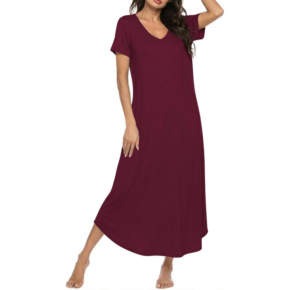 imageEkouaer Long Nightgowns for Women Bamboo Viscose Sleepshirt Short Sleeve Night Gown V Neck House DressRed