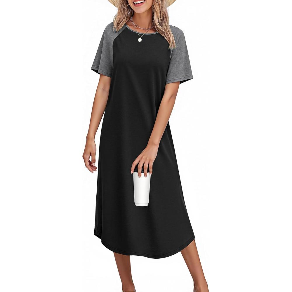 imageEkouaer Nightgowns for Women Bamboo Viscose House Dress Long Night Gowns Short Sleeve Sleepdress Soft Sleepwear S4XLBlack