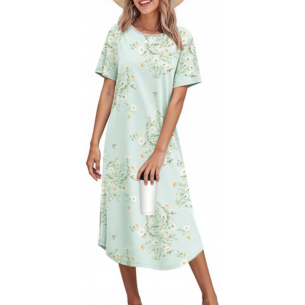 imageEkouaer Nightgowns for Women Bamboo Viscose House Dress Long Night Gowns Short Sleeve Sleepdress Soft Sleepwear S4XLCyan White Florals