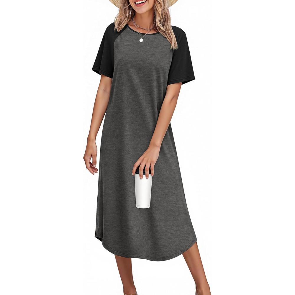 imageEkouaer Nightgowns for Women Bamboo Viscose House Dress Long Night Gowns Short Sleeve Sleepdress Soft Sleepwear S4XLDark Grey