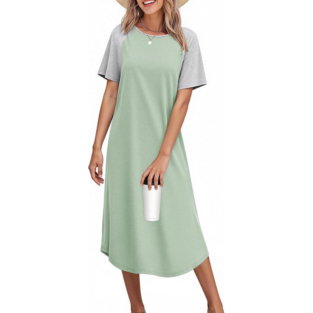 imageEkouaer Nightgowns for Women Bamboo Viscose House Dress Long Night Gowns Short Sleeve Sleepdress Soft Sleepwear S4XLLight Green