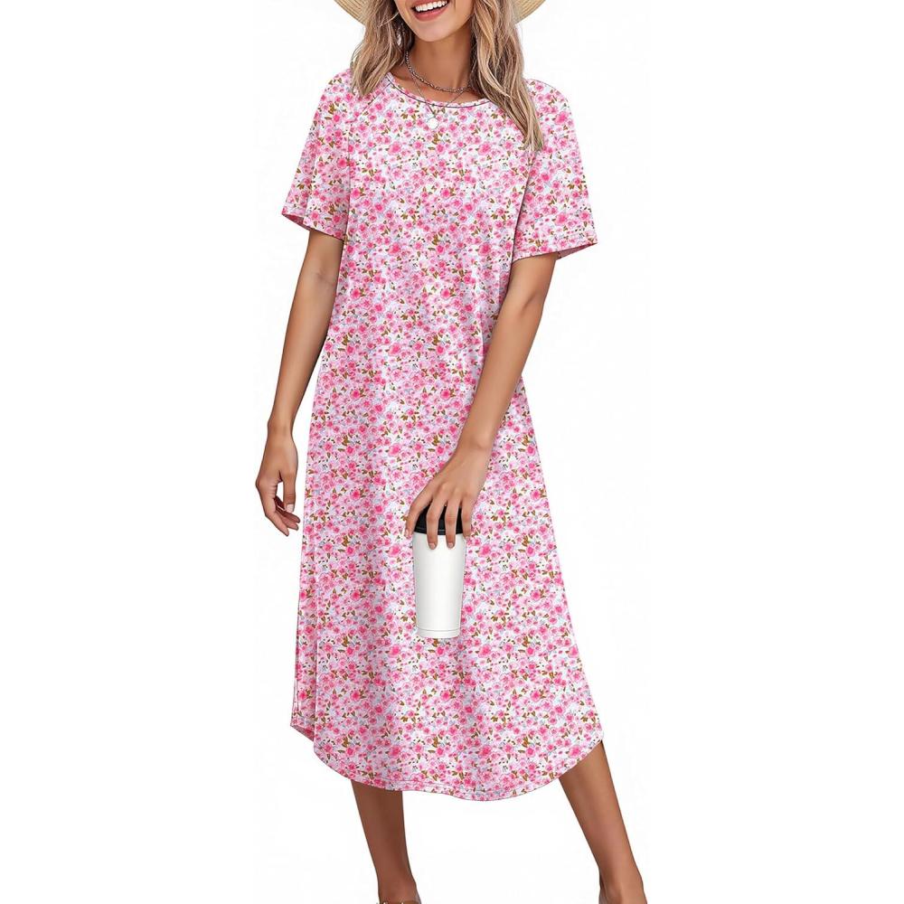 imageEkouaer Nightgowns for Women Bamboo Viscose House Dress Long Night Gowns Short Sleeve Sleepdress Soft Sleepwear S4XLPink Florals