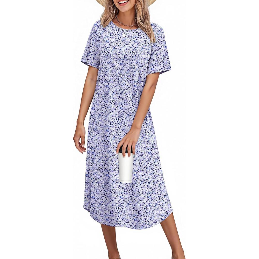 imageEkouaer Nightgowns for Women Bamboo Viscose House Dress Long Night Gowns Short Sleeve Sleepdress Soft Sleepwear S4XLPurple Abstract Dots